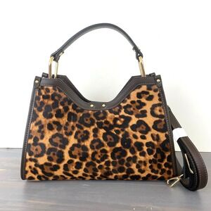 Cheval Firenze Italian Leather Leopard Print Handbag Brown Mobwife Statement NWT